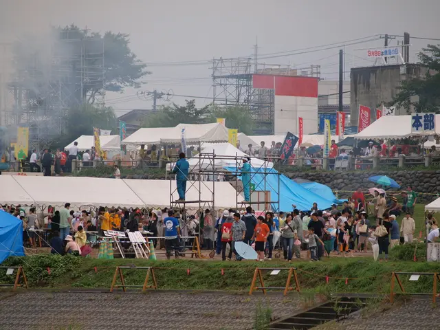 In this image we can see there are a few tents in which few people are shopping. In the background...